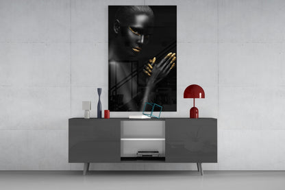 Gold Lips Praying Hands Woman Glass Wall Art