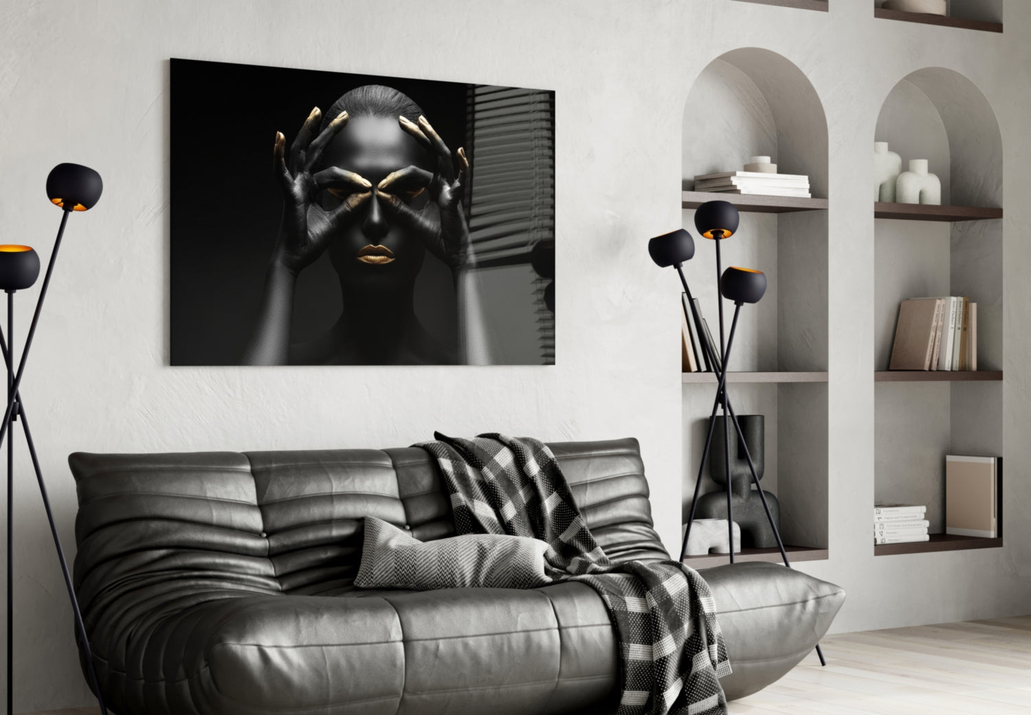 Gold Fingertips Over Eyes Woman Glass Wall Art