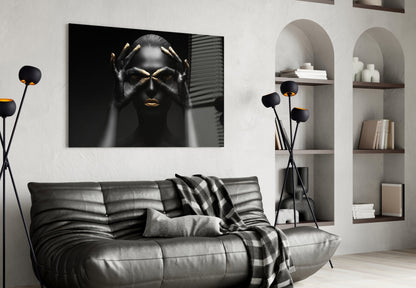 Gold Fingertips Over Eyes Woman Glass Wall Art