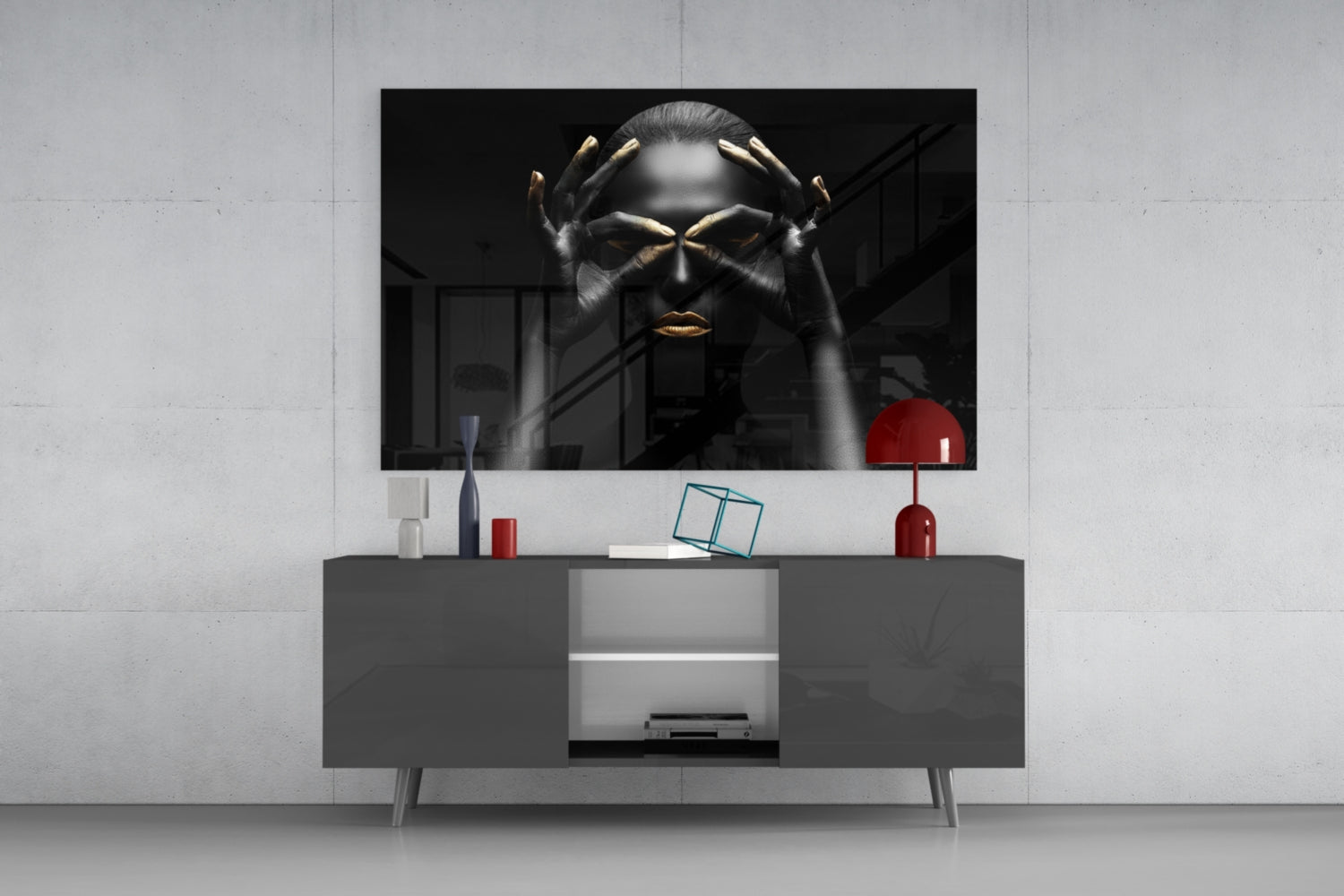 Gold Fingertips Over Eyes Woman Glass Wall Art