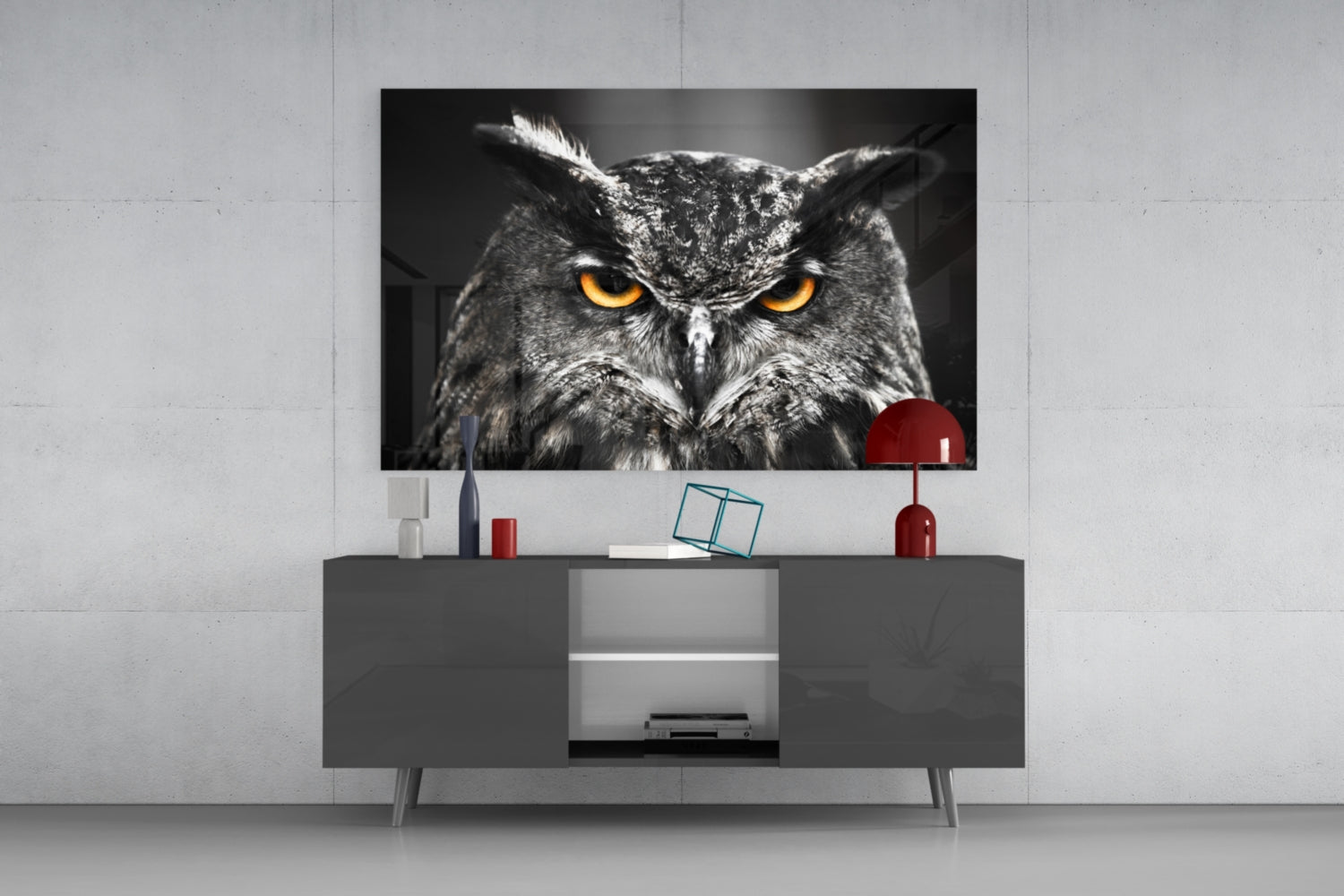 Horned Owl Orange Eyes Glass Wall Art