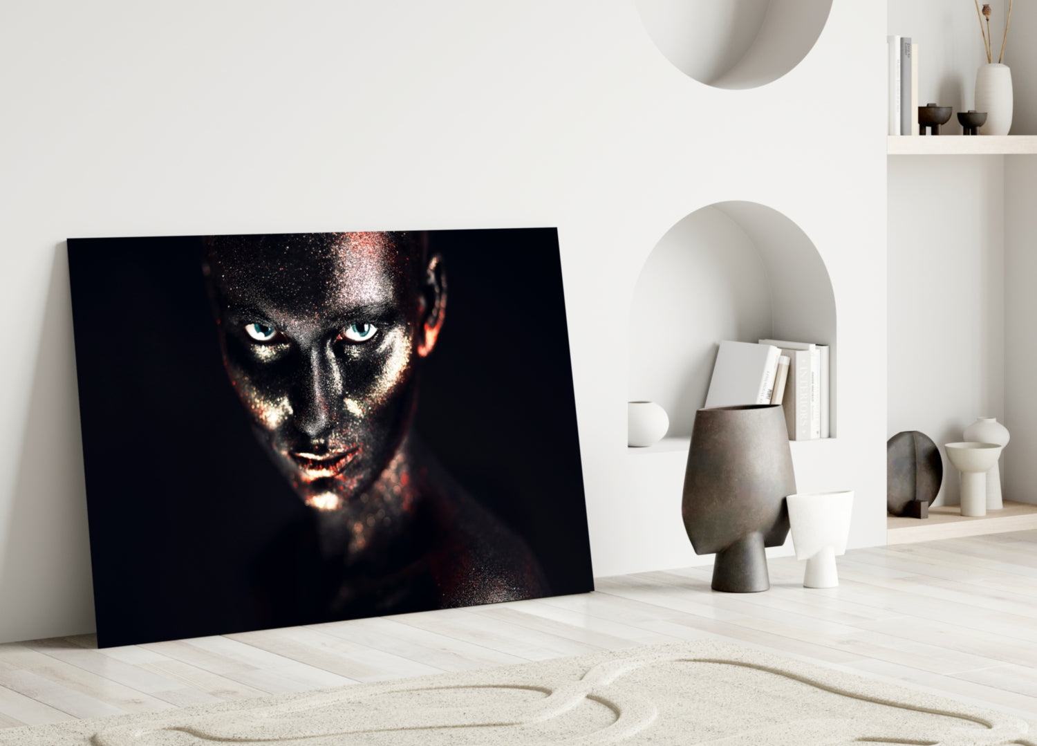 Blue Eyes Glitter Face Woman Glass Wall Art