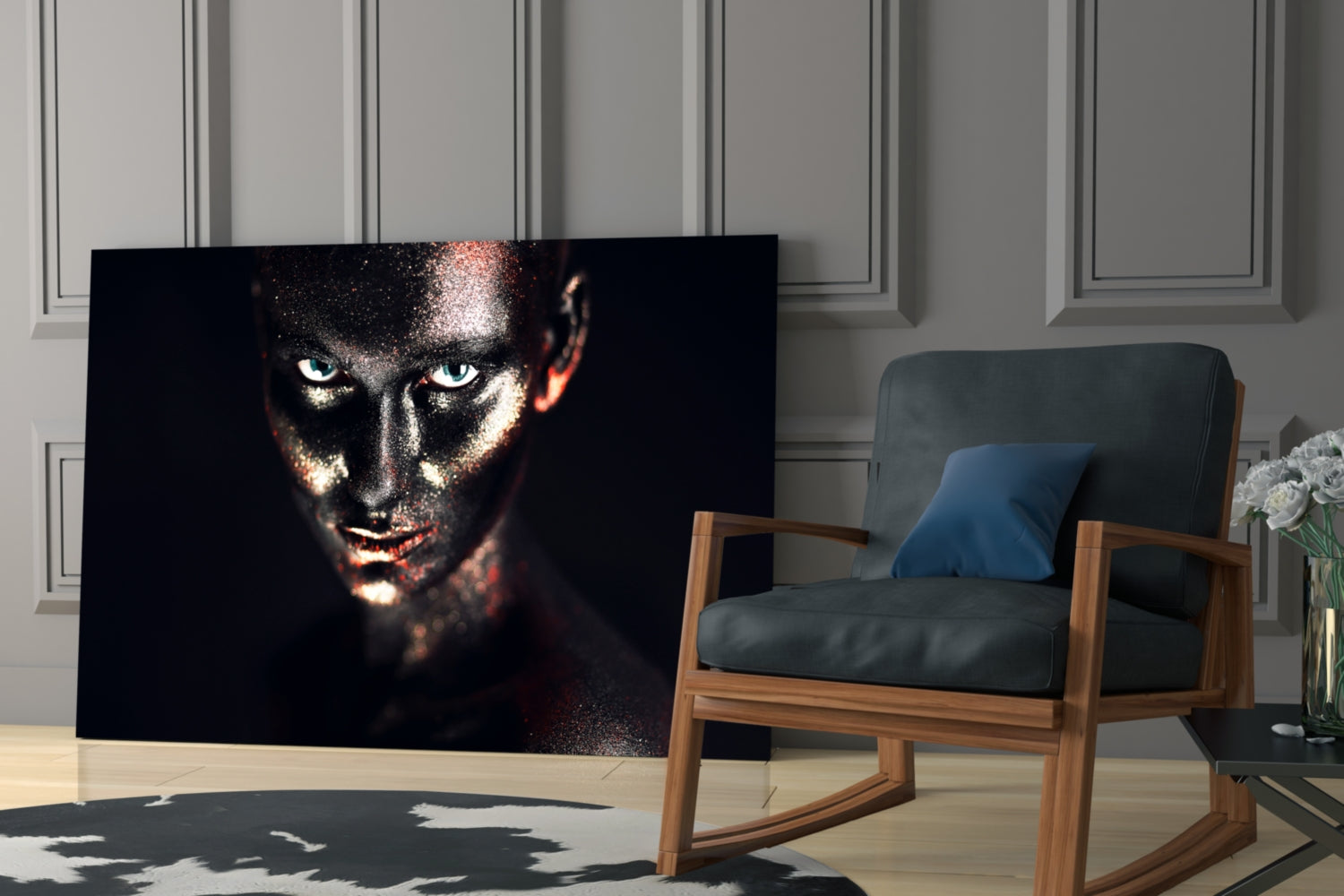 Blue Eyes Glitter Face Woman Glass Wall Art