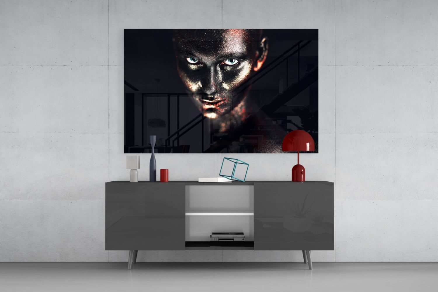 Blue Eyes Glitter Face Woman Glass Wall Art