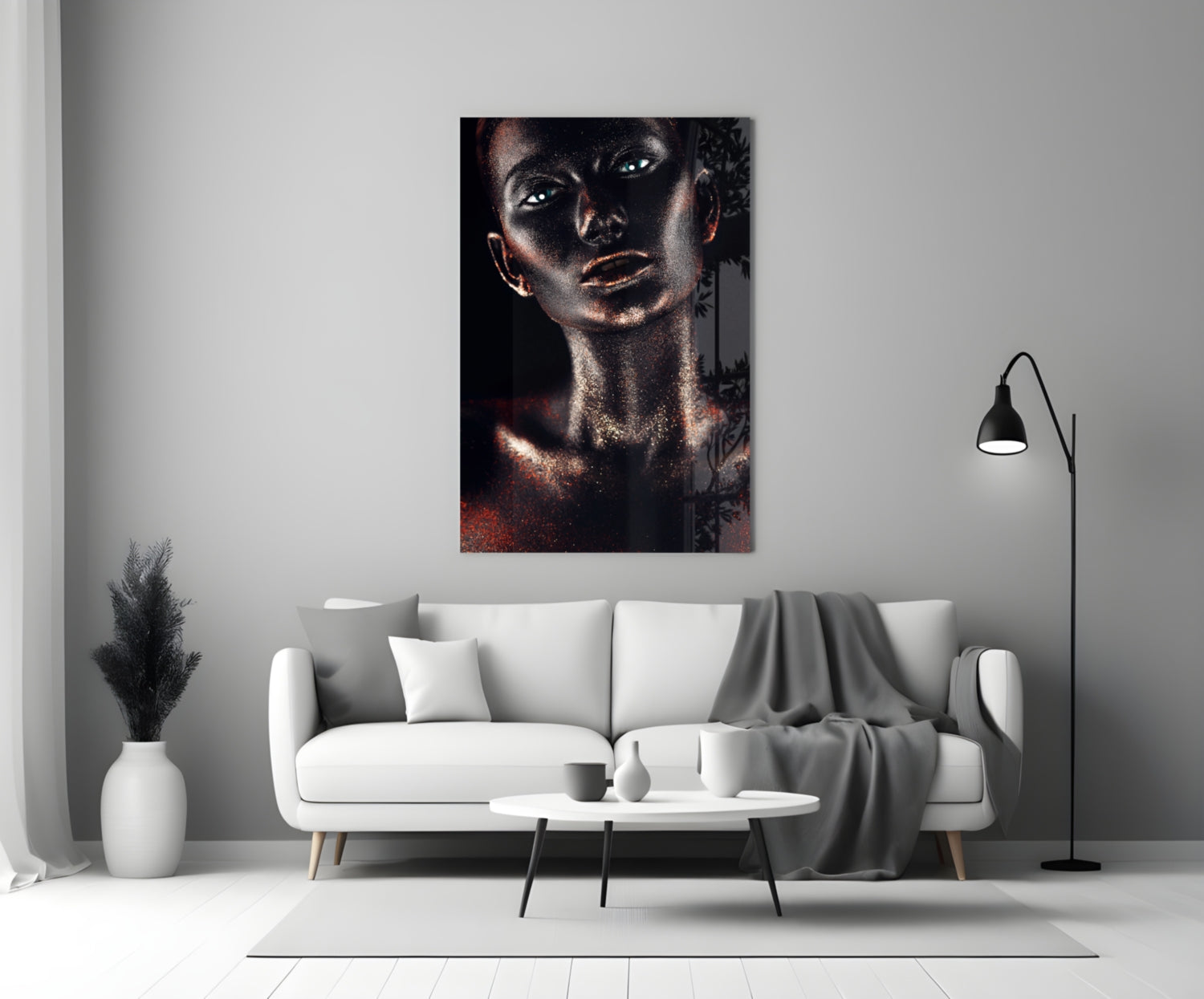 Copper Glitter Blue Eyes Woman Glass Wall Art
