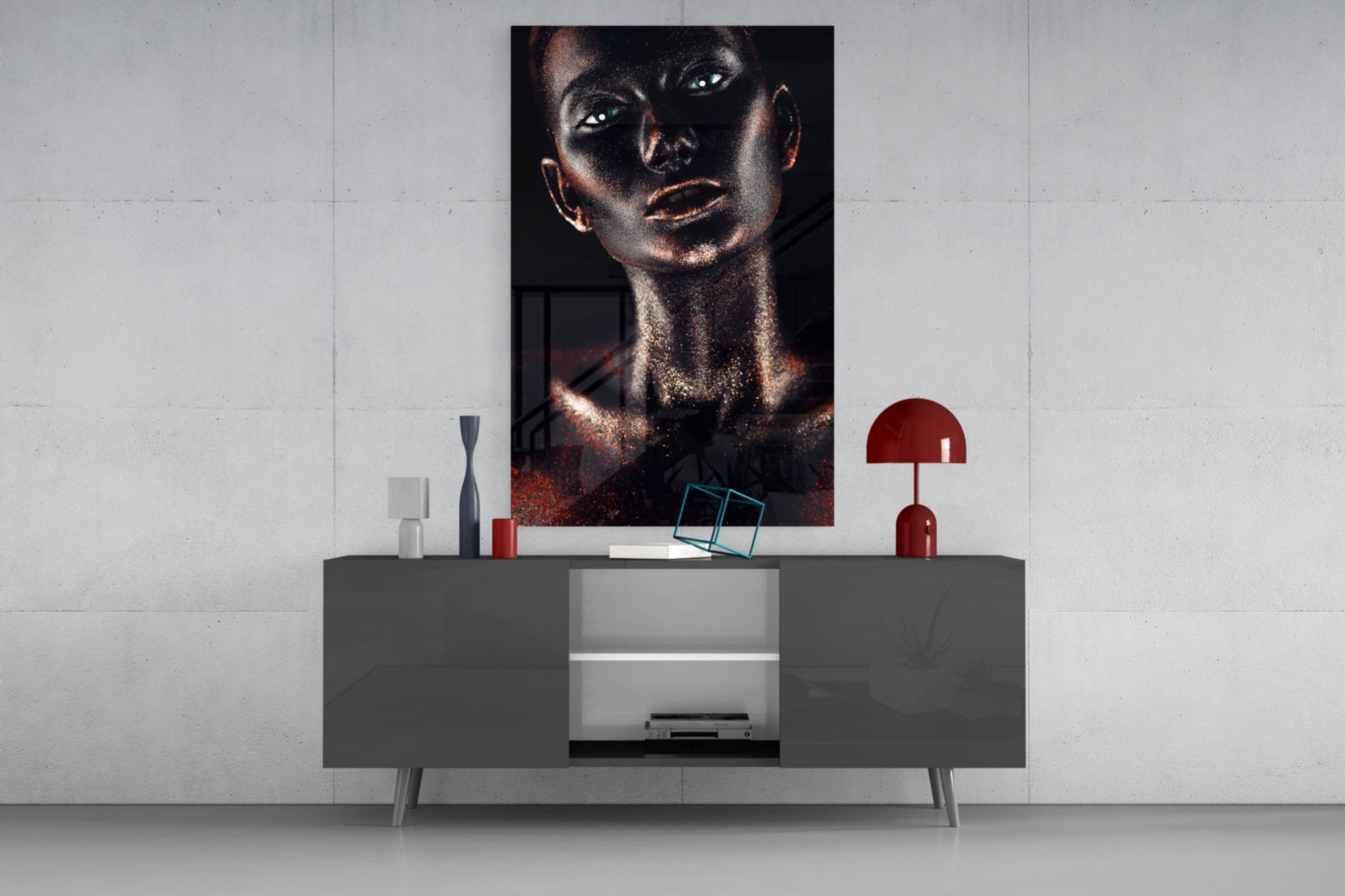Copper Glitter Blue Eyes Woman Glass Wall Art