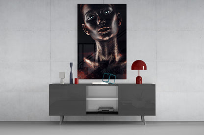 Copper Glitter Blue Eyes Woman Glass Wall Art