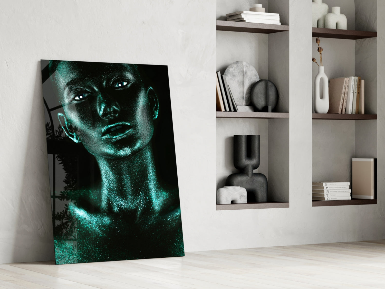Turquoise Glitter Skin Woman Glass Wall Art