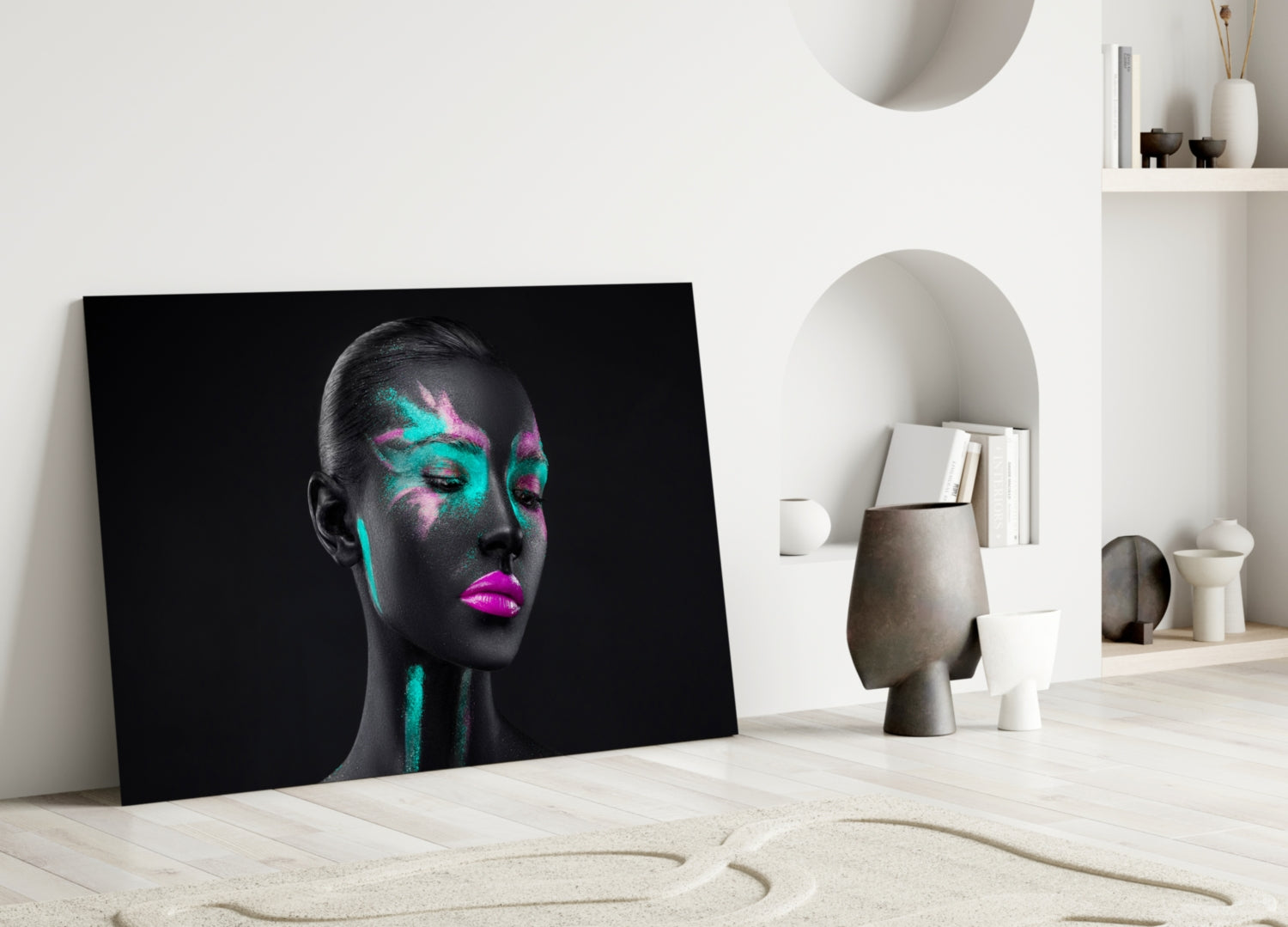 Teal Pink Brushstroke Woman Glass Wall Art