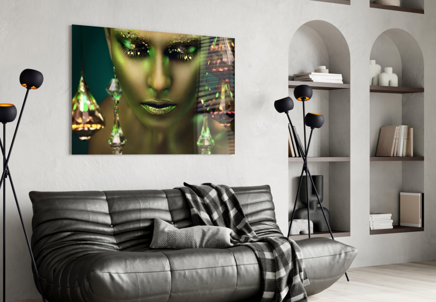 Green Skin Crystal Drops Woman Glass Wall Art