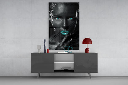Turquoise Eyes Silver Gems Woman Glass Wall Art