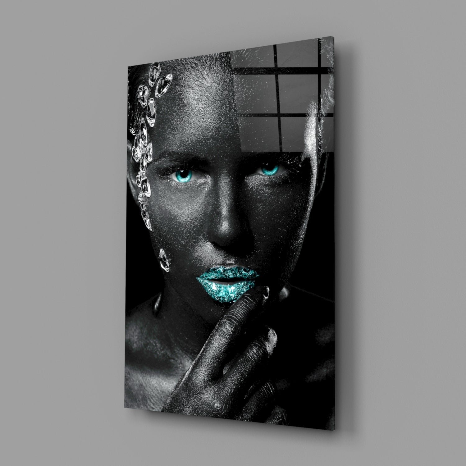 Turquoise Eyes Silver Gems Woman Glass Wall Art