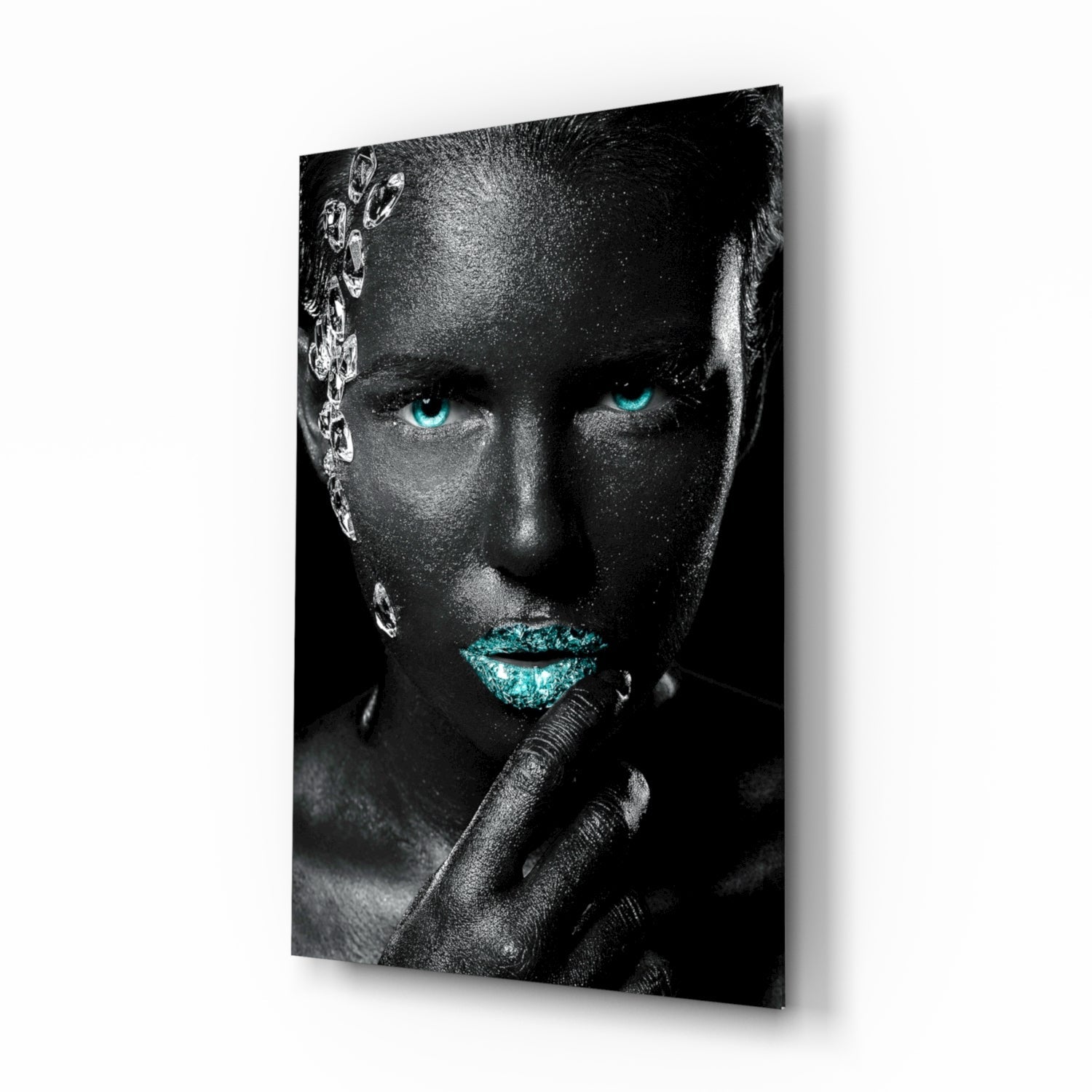 Turquoise Eyes Silver Gems Woman Glass Wall Art