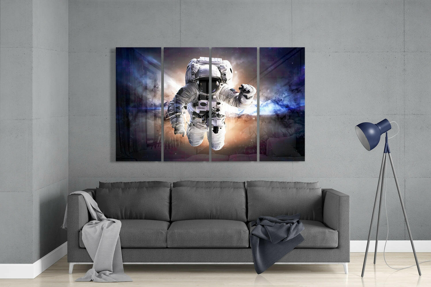 Astronaut Floating In Violet Nebula 4 Pieces Mega Glass Wall Art
