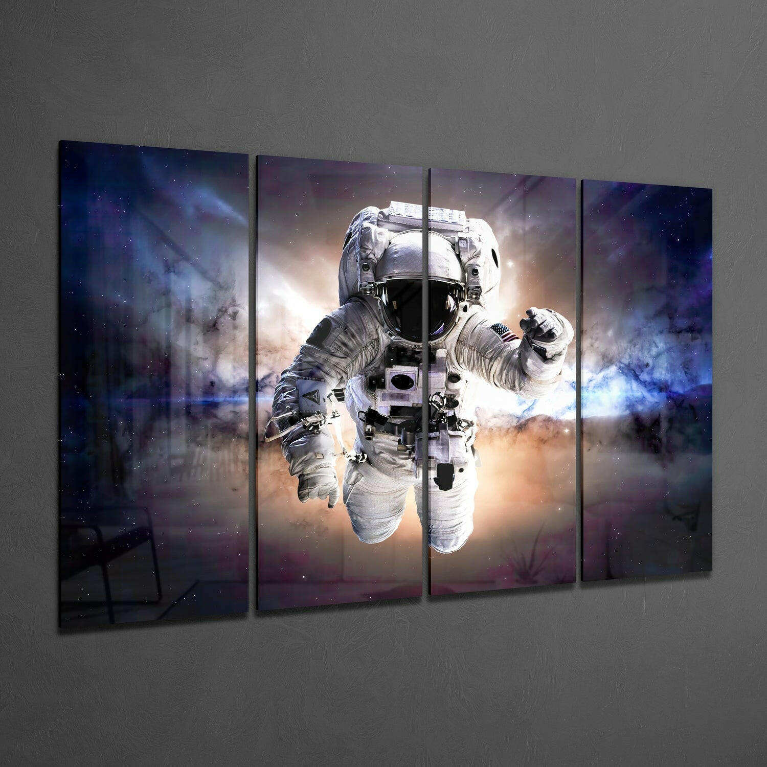 Astronaut Floating In Violet Nebula 4 Pieces Mega Glass Wall Art