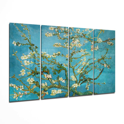 Turquoise Green Sakura Blossom Branches 4 Pieces Mega Glass Wall Art