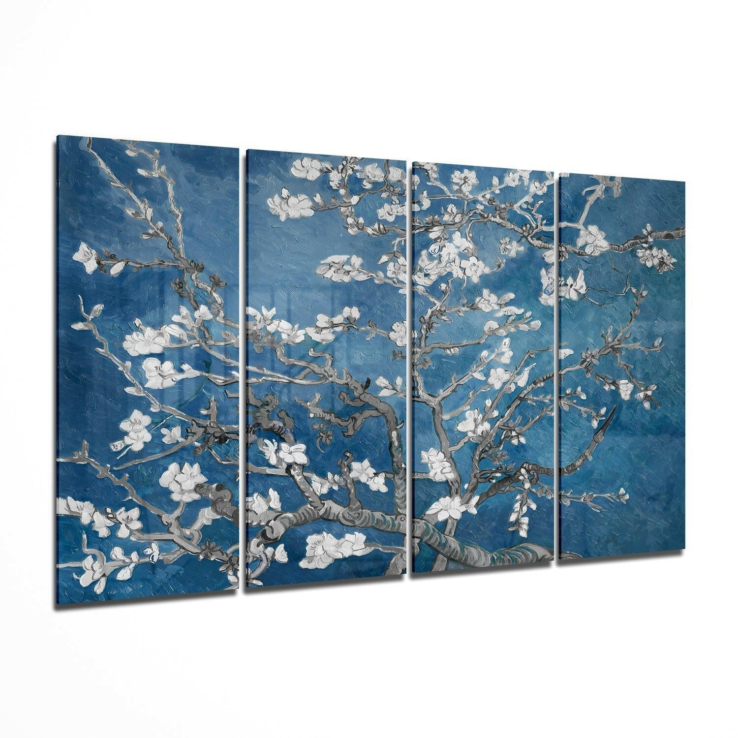 Deep Blue Sakura Blossom Branches 4 Pieces Mega Glass Wall Art