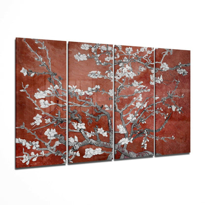 Terracotta Red Sakura Blossom Branches 4 Pieces Mega Glass Wall Art