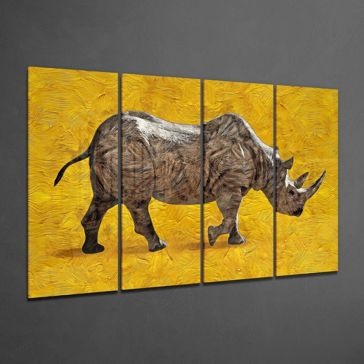 Walking Rhino on Golden Yellow 4 Pieces Mega Glass Wall Art