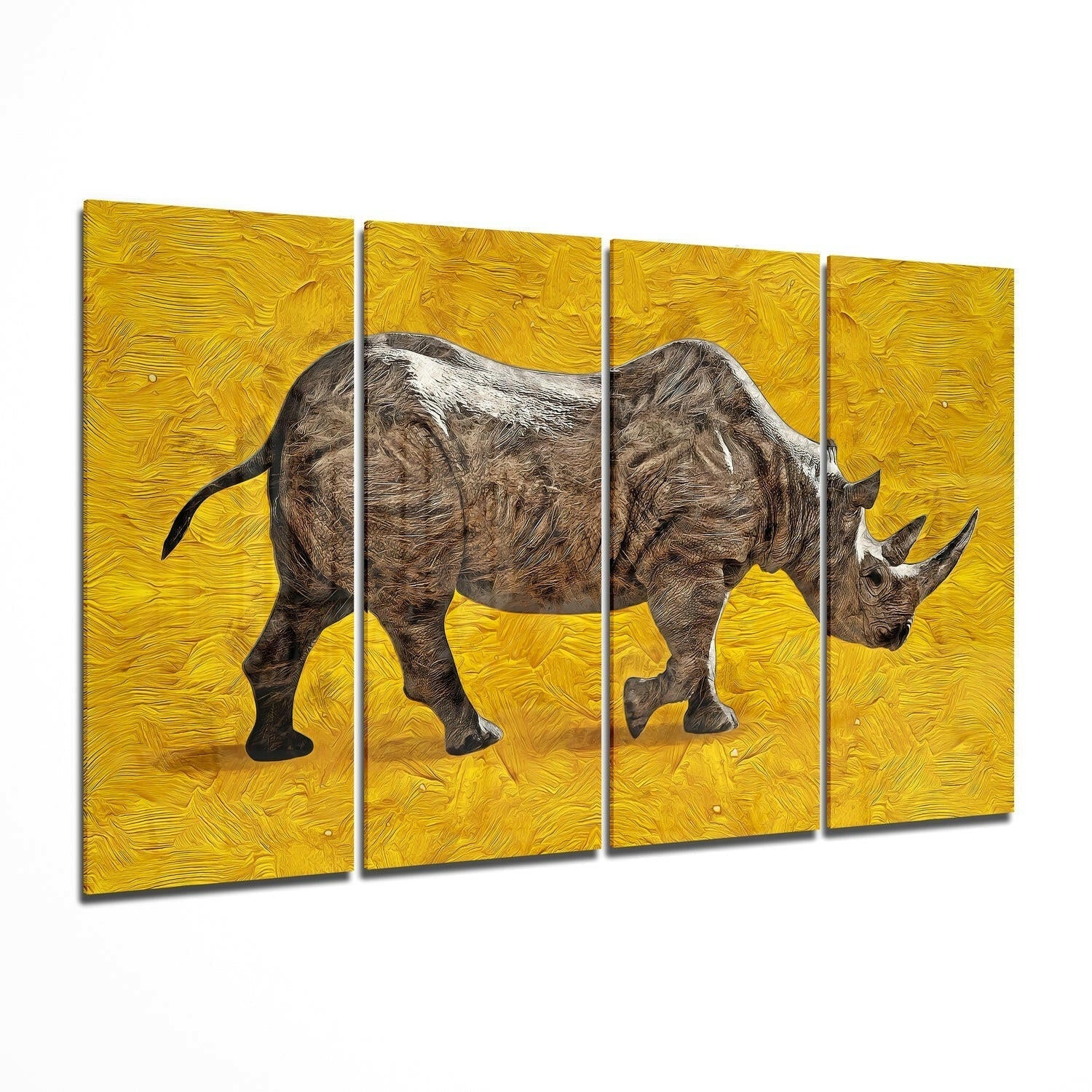 Walking Rhino on Golden Yellow 4 Pieces Mega Glass Wall Art