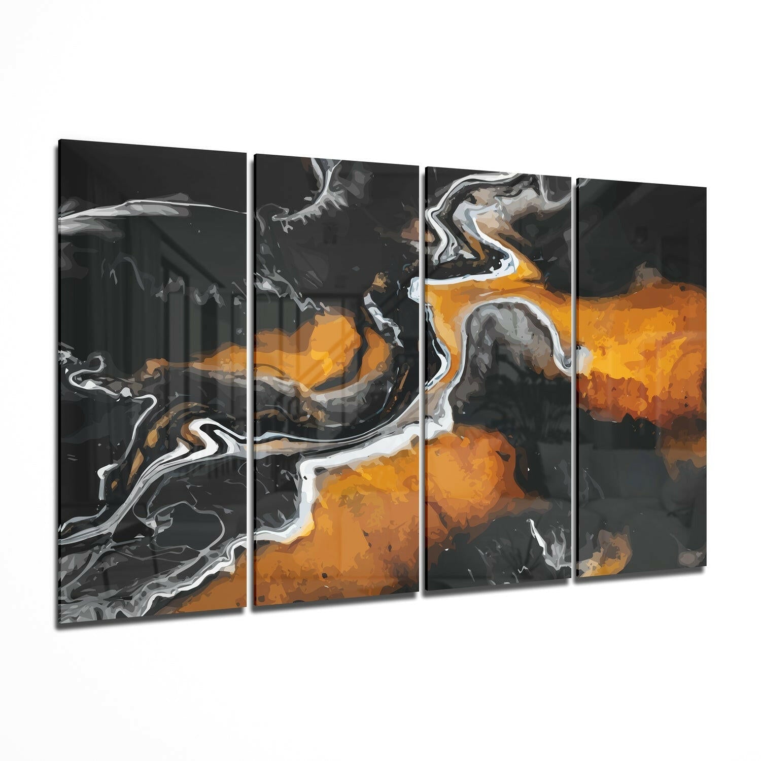 Molten Orange Lava Charcoal Flow 4 Pieces Mega Glass Wall Art