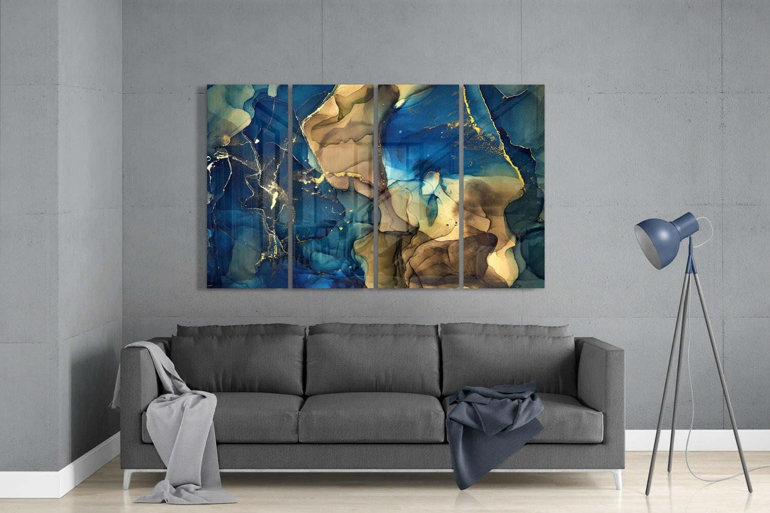 Blue Gold Tan Marble Glass Wall Art