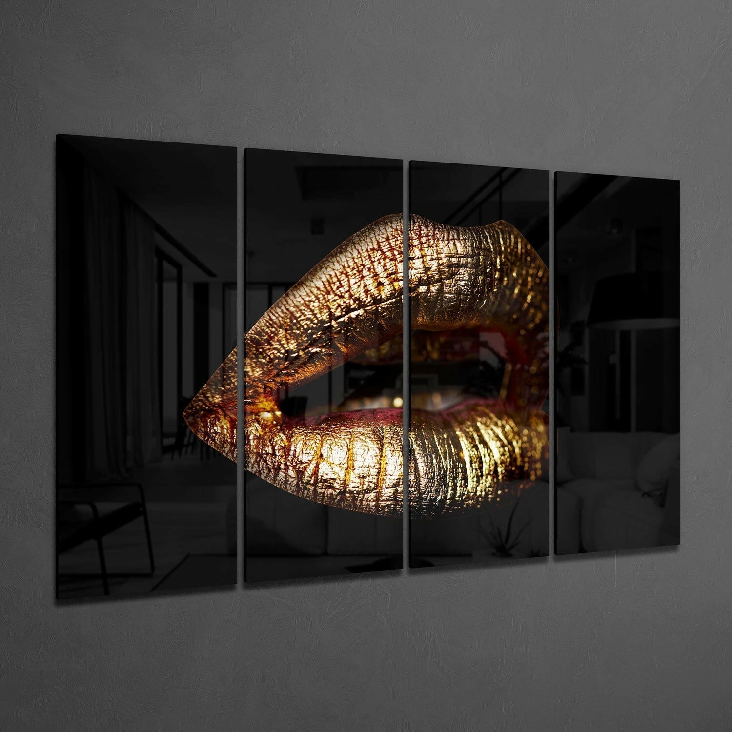 Golden Metallic Lips on Black 4 Pieces Mega Glass Wall Art