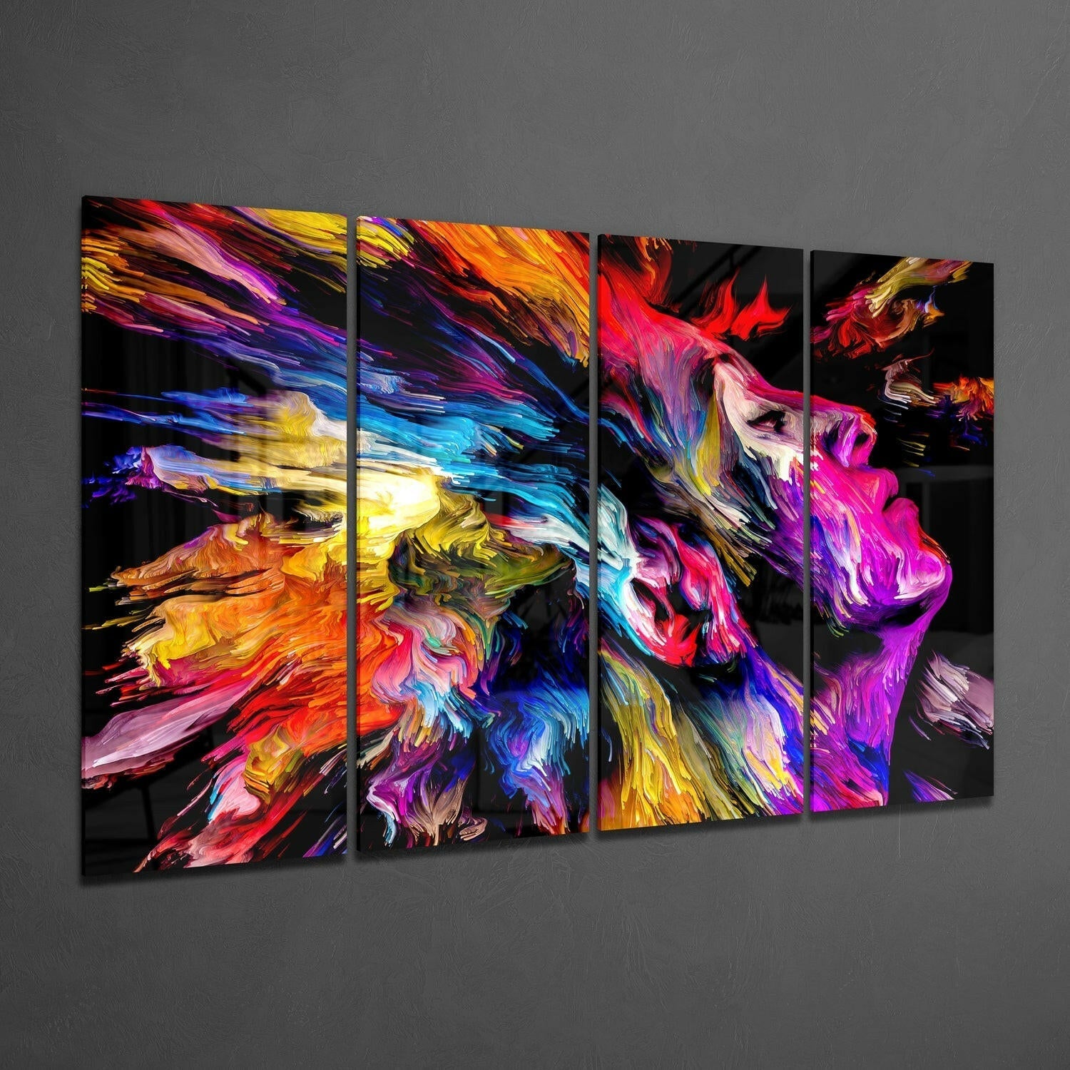 Fiery Red Paint Burst Woman Profile 4 Pieces Mega Glass Wall Art