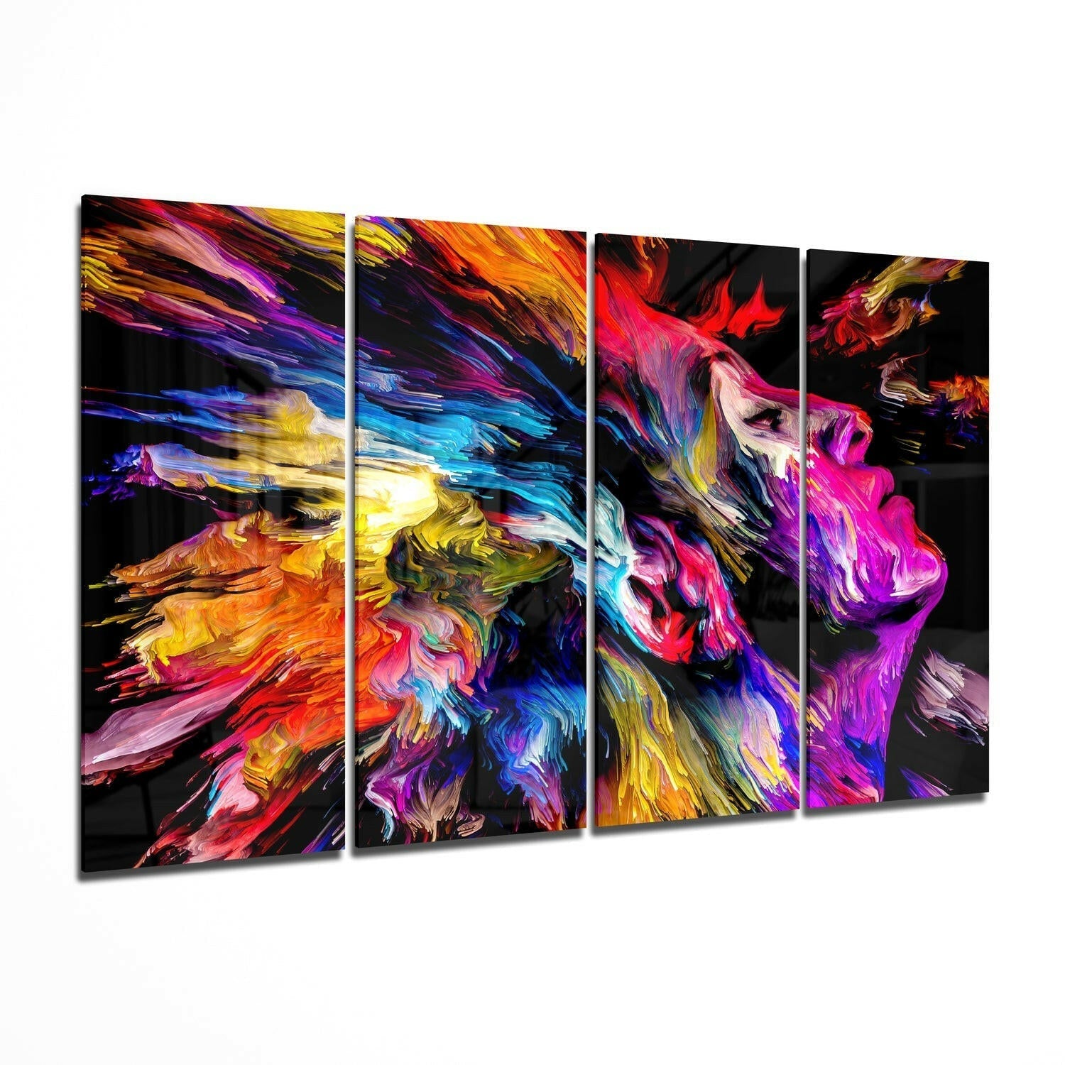Fiery Red Paint Burst Woman Profile 4 Pieces Mega Glass Wall Art
