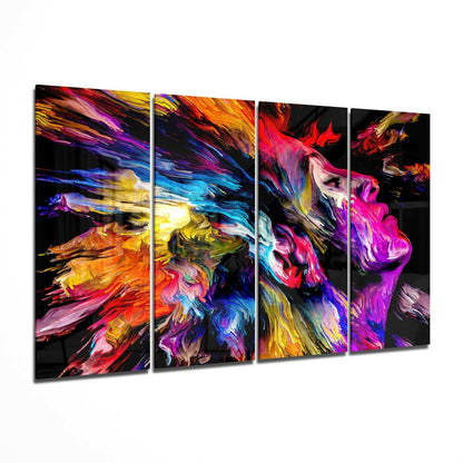Fiery Red Paint Burst Woman Profile 4 Pieces Mega Glass Wall Art