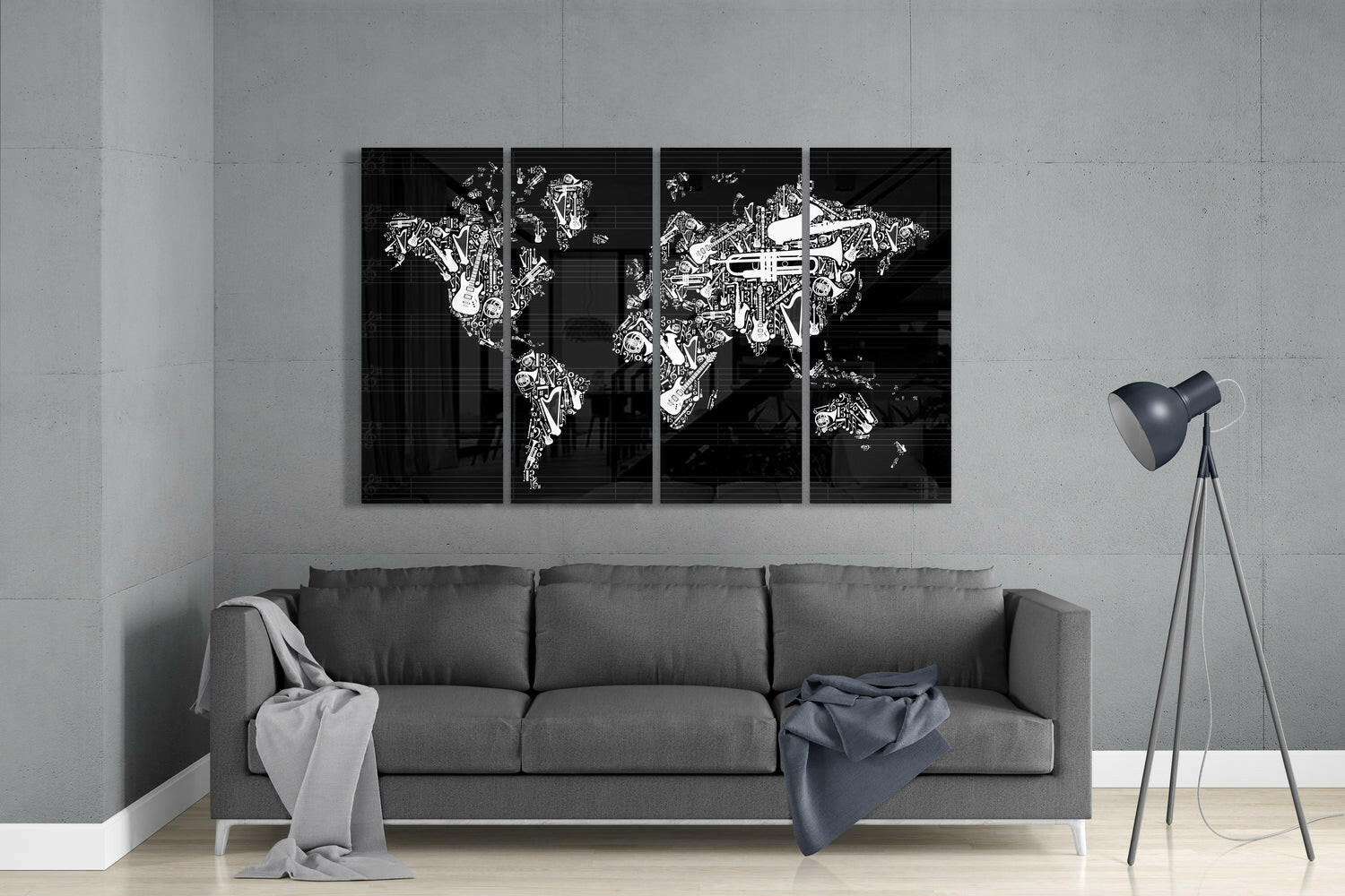 Musical Instruments World Map Glass Wall Art