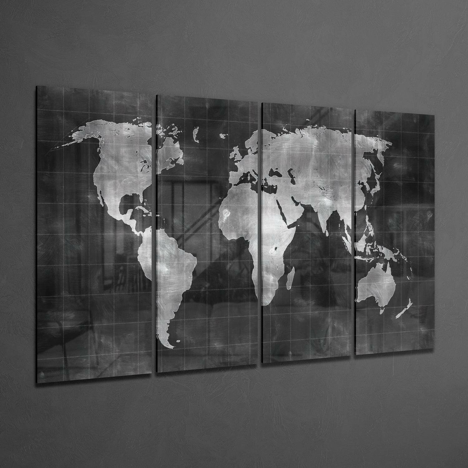 Chalkboard Silver World Map Glass Wall Art
