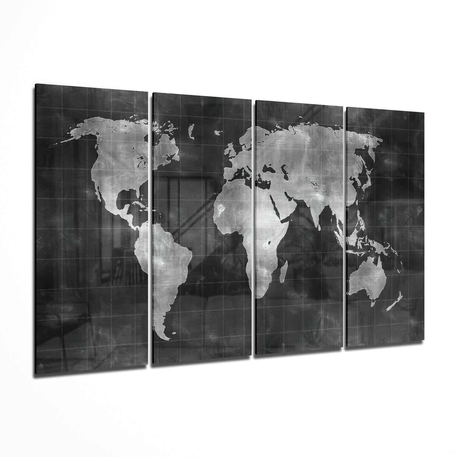 Chalkboard Silver World Map Glass Wall Art