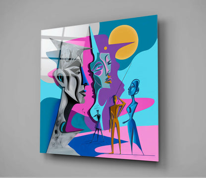Blue Cubist Stone Profile Faces Glass Wall Art