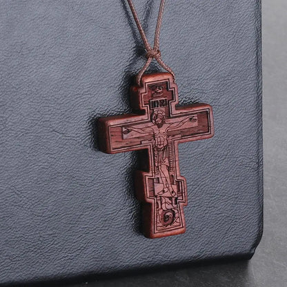 INRI red and black wood cross necklace rope chain religious