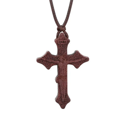INRI red and black wood cross necklace rope chain religious