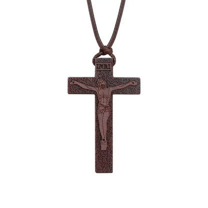 INRI red and black wood cross necklace rope chain religious