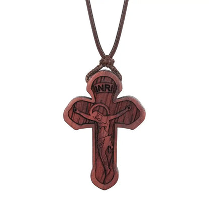 INRI red and black wood cross necklace rope chain religious