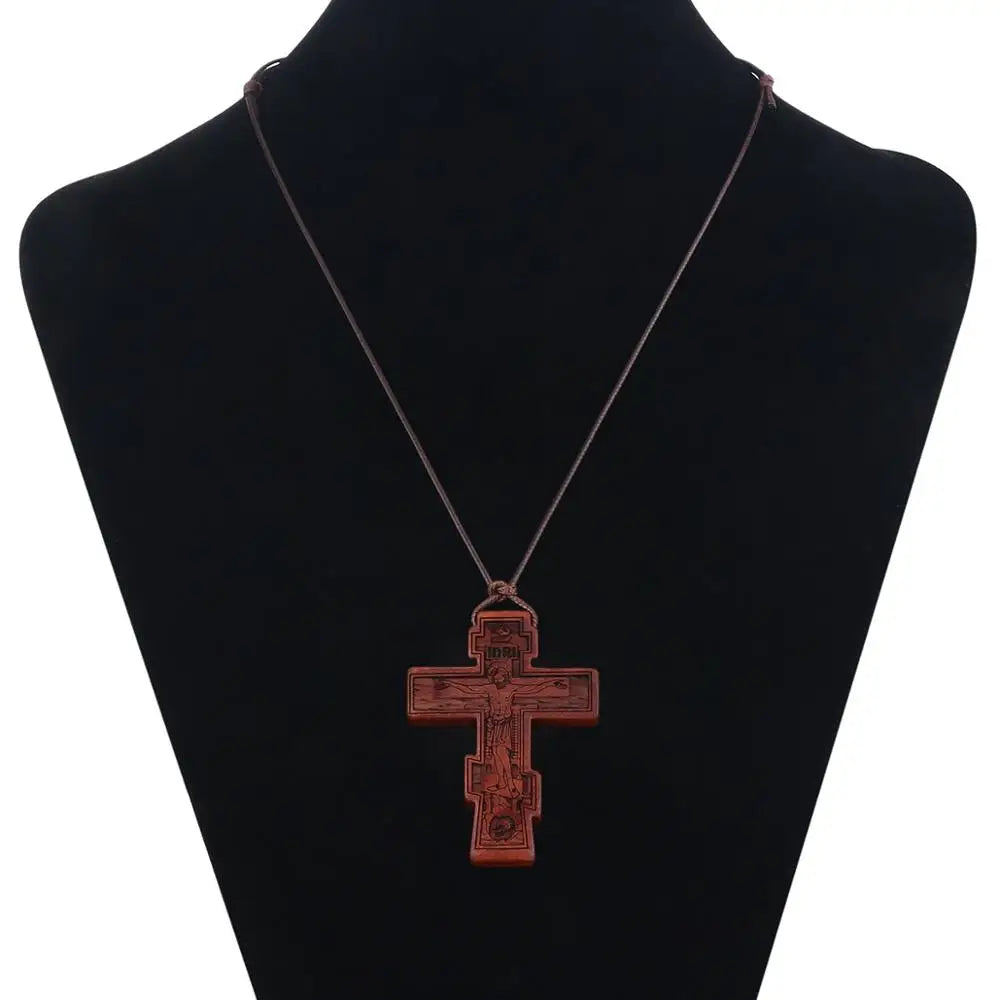 INRI red and black wood cross necklace rope chain religious
