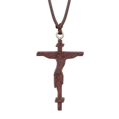 INRI red and black wood cross necklace rope chain religious