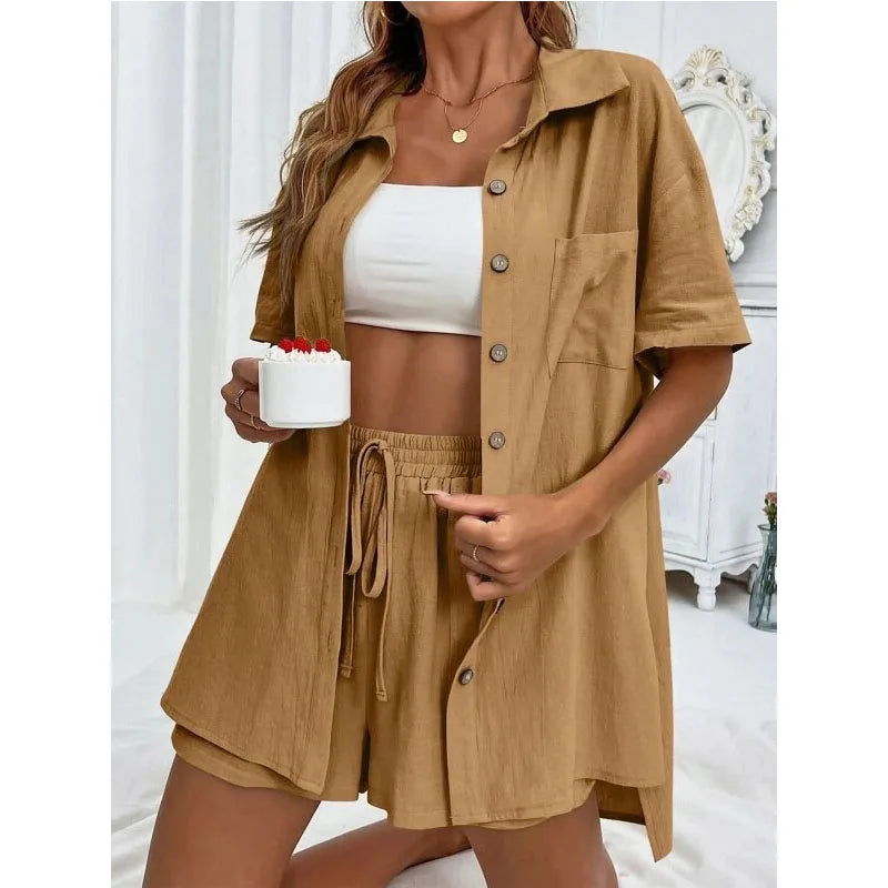 Solid Color Casual Loose Short Pants Sets For Women