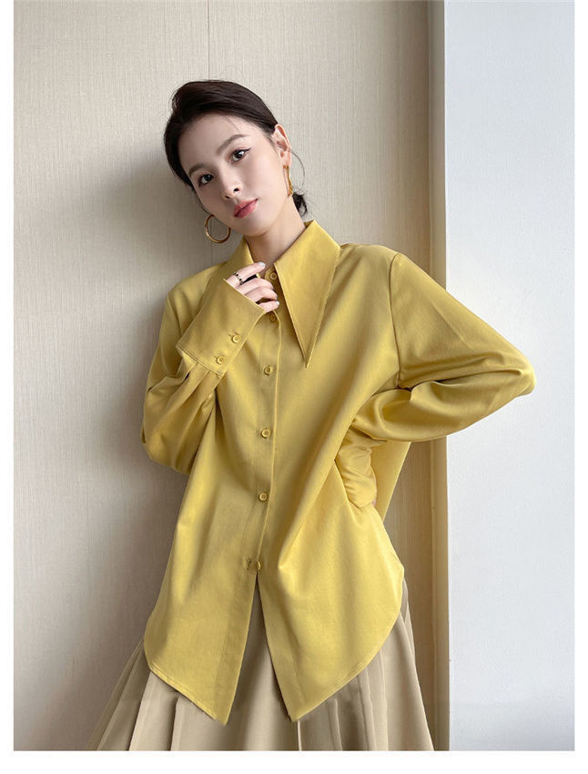 Big Pointed Collar White Blouses For Women Vintage Loose Long Sleeve Shirt