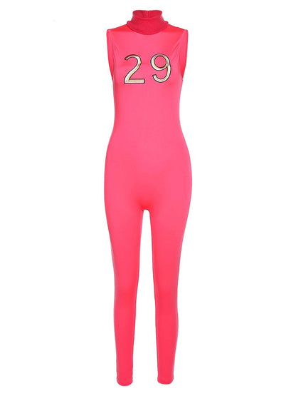 Women Tracksuit Slim Elastic High Print Figure Zipper Jumpsuit Y2K Sports