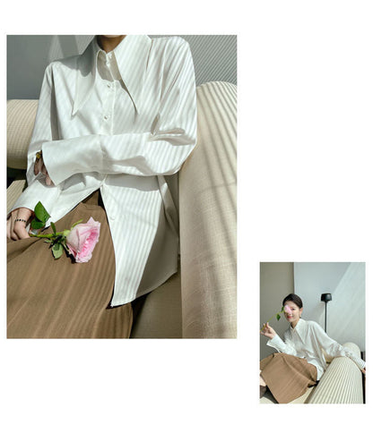 Big Pointed Collar White Blouses For Women Vintage Loose Long Sleeve Shirt