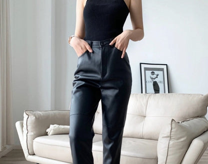 Loose Pockets Women PU Leather Trousers High Waist Single Button Ladies Straight Pants