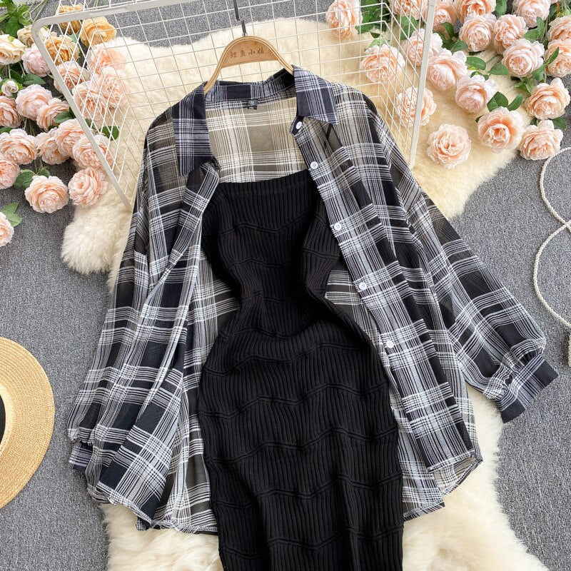 Summer Women Two Piece Set Plaid Long Sleeve Sunscreen Shirt+A-line Knitting Slip Dress