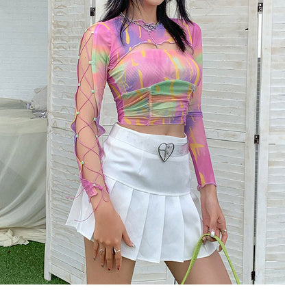 Hollow Bandage T-Shirt Women Sweet Suits Color Pattern Mesh Camisole + Long Sleeve Smock Female