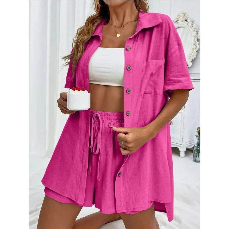 Solid Color Casual Loose Short Pants Sets For Women