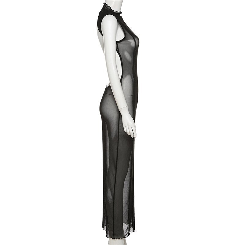Mesh O Neck Long Sleeves Backless Lace Up See Through Sexy Bodycon Maxi Dress