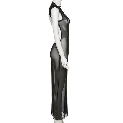 Mesh O Neck Long Sleeves Backless Lace Up See Through Sexy Bodycon Maxi Dress